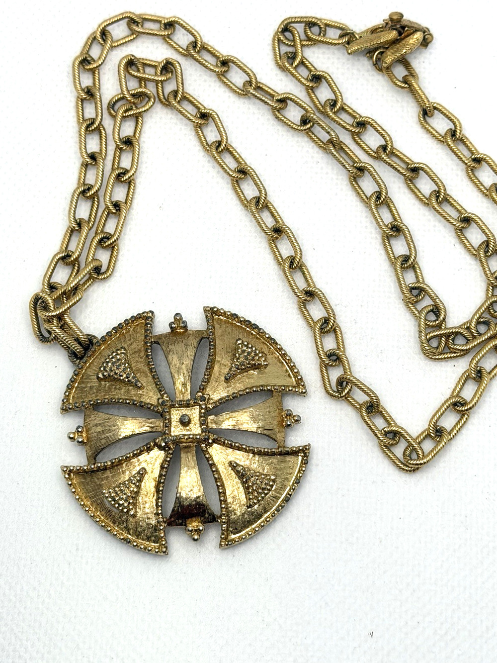 Vintage Signed MONET Maltese Cross Pendant Necklace Gold Tone Textured 23" Chain